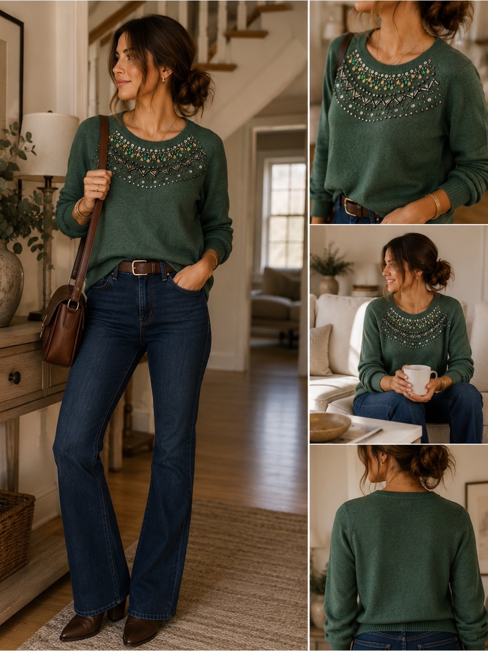 Jones New York Green Embellished Crewneck Sweater